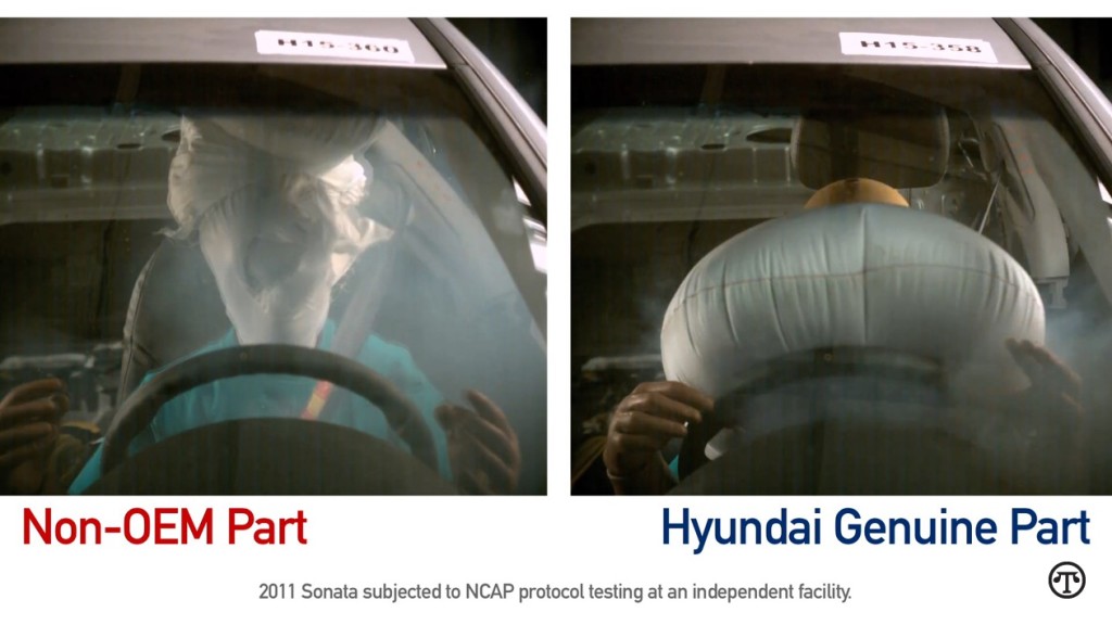 This test shows the difference between a non-OEM air bag and a Hyundai genuine air bag.