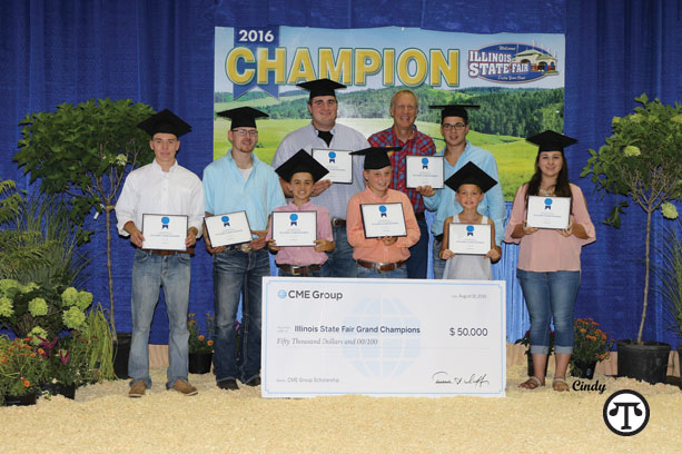 Grand champion and CME Group scholarship winners pictured here at the Illinois State Fair with Illinois Governor Bruce Rauner.