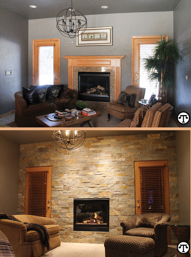 Stone: Copper Ledgestone. Photo courtesy of Natural Stone Veneers International. A new look for your fireplace can help you warm up to the room all over again.