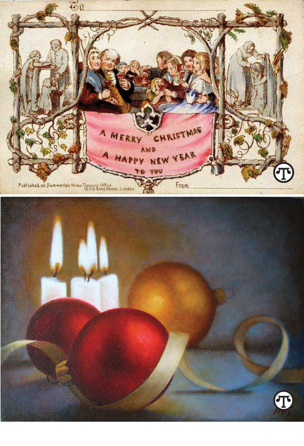 The first-ever Christmas card sent in 1843. “Christmas Serenity,” mouth painted by Mariam Paré. Now you can send greetings cards like this and others created by her fellow artists. 