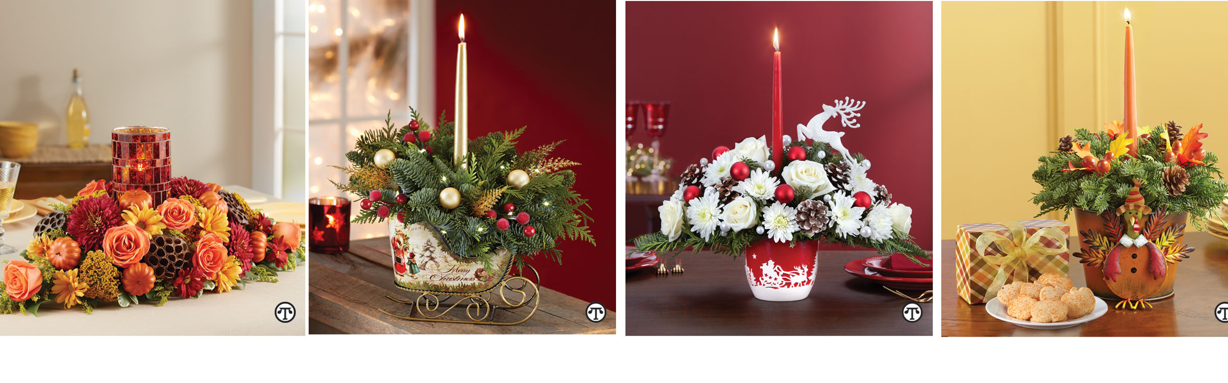 Give thanks with seasonal flowers. A tasteful arrangement of flowers in a container festooned with an adorable turkey can enliven any table. A charming centerpiece for the holidays. This lovely floral arrangement in a star-spangled vase can be the star of your holiday party.
