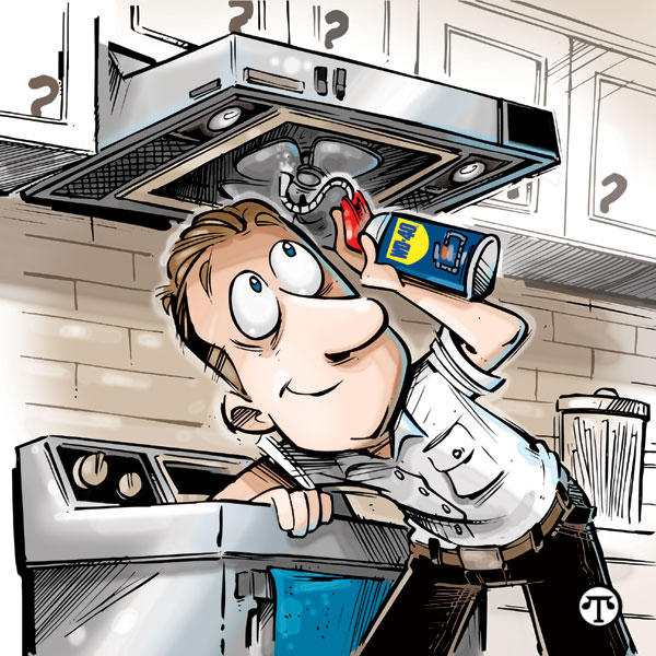 Lubricate the exhaust fan above the kitchen stove with WD-40 EZ-REACH. 