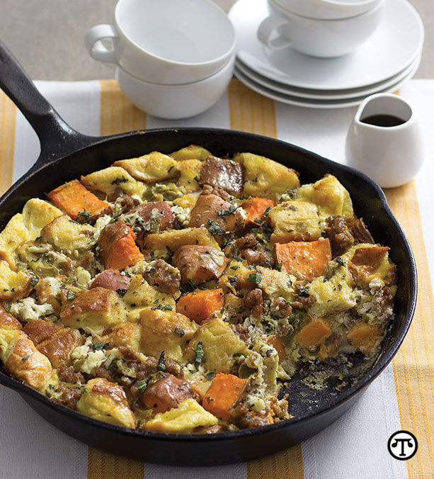 This breakfast strata made with tasty, wholesome sweet potatoes can be a great way to punch up a brunch buffet.